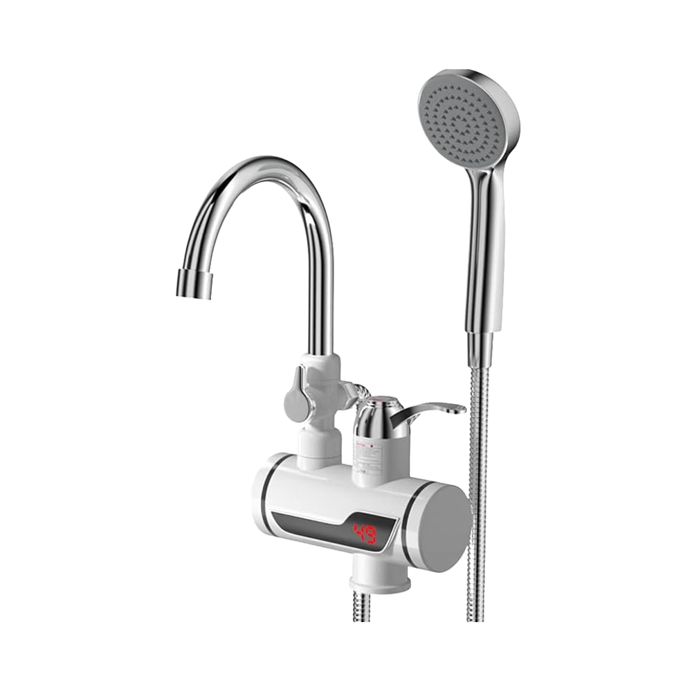 Electric Shower Water Heater 360 Rotating Fast Heating Tankless LED Display Chrome Finish Dual Handle Rain Spray